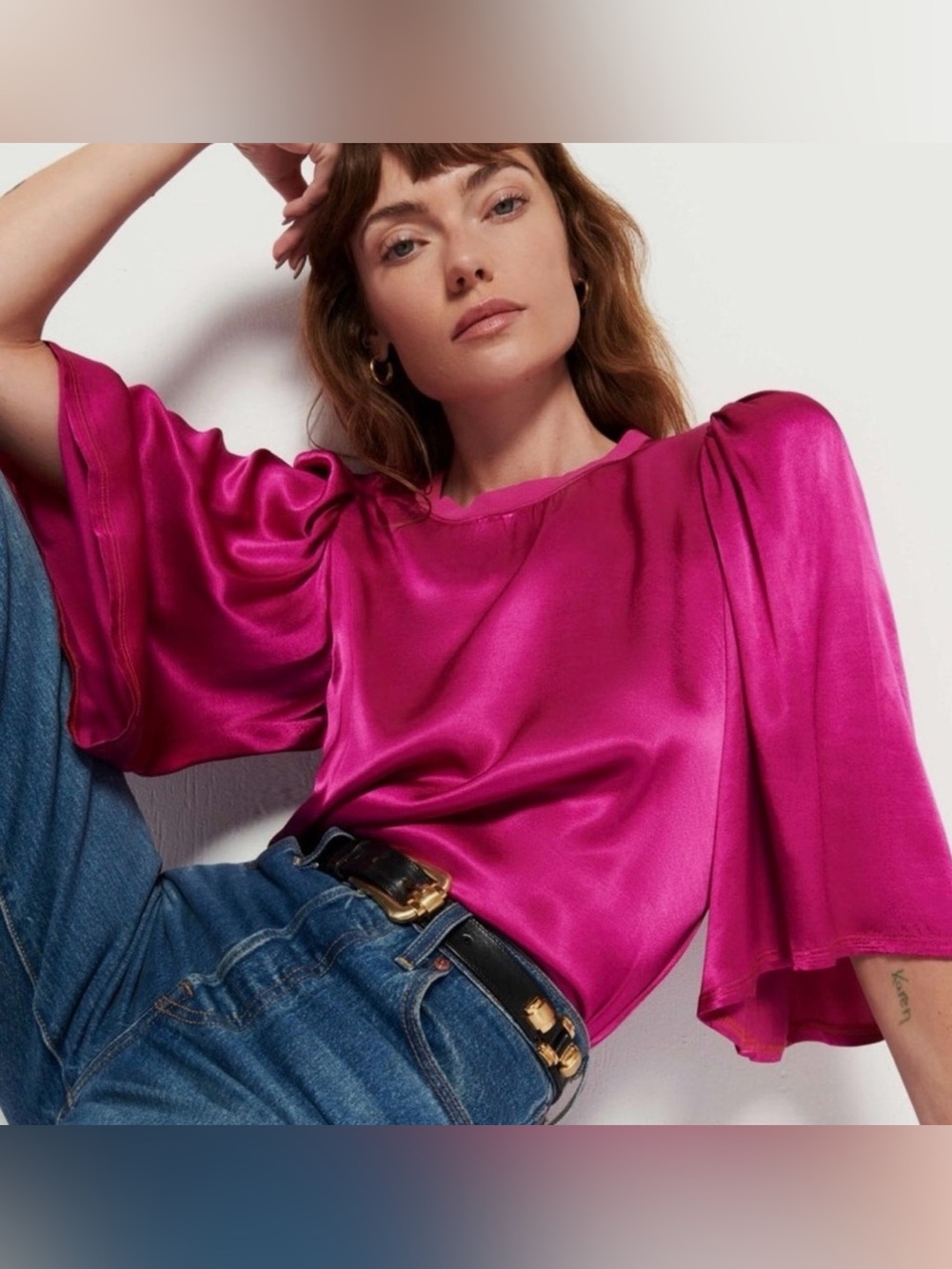 Nation LTD Fuchsia Donna Satin Bell Sleeve Blouse Top Magenta Pink Revolve XS